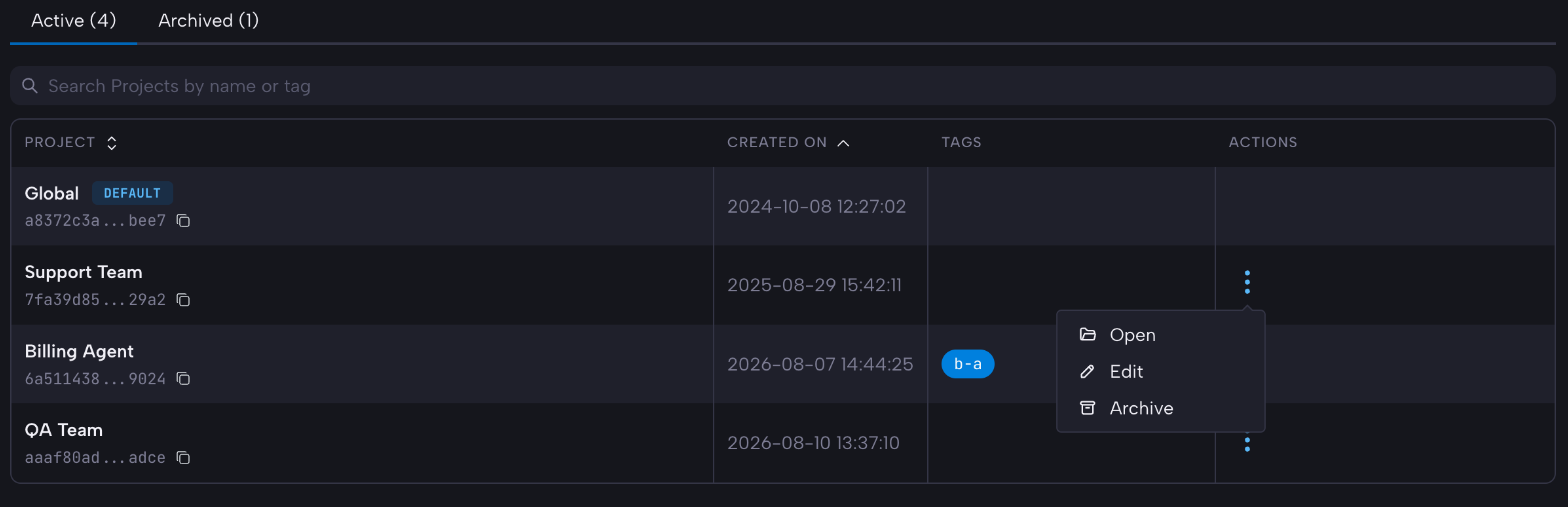 A Project row's actions menu, showing Open, Edit and Archive