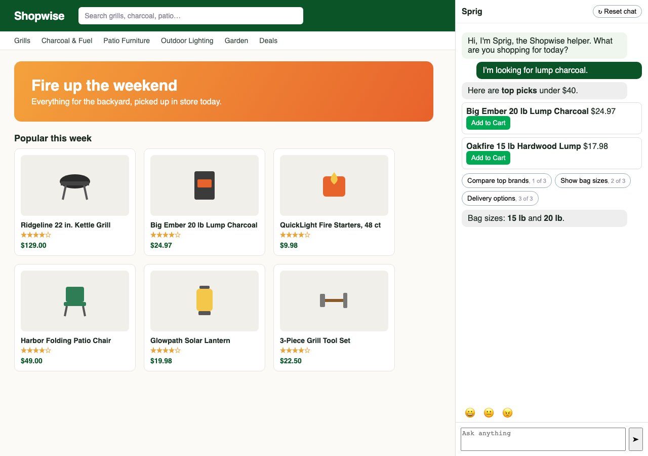 The screen the simulated customer saw on the last turn: the store page, and the shopping helper with its two picks, the suggestion buttons under them, and the bag sizes answer