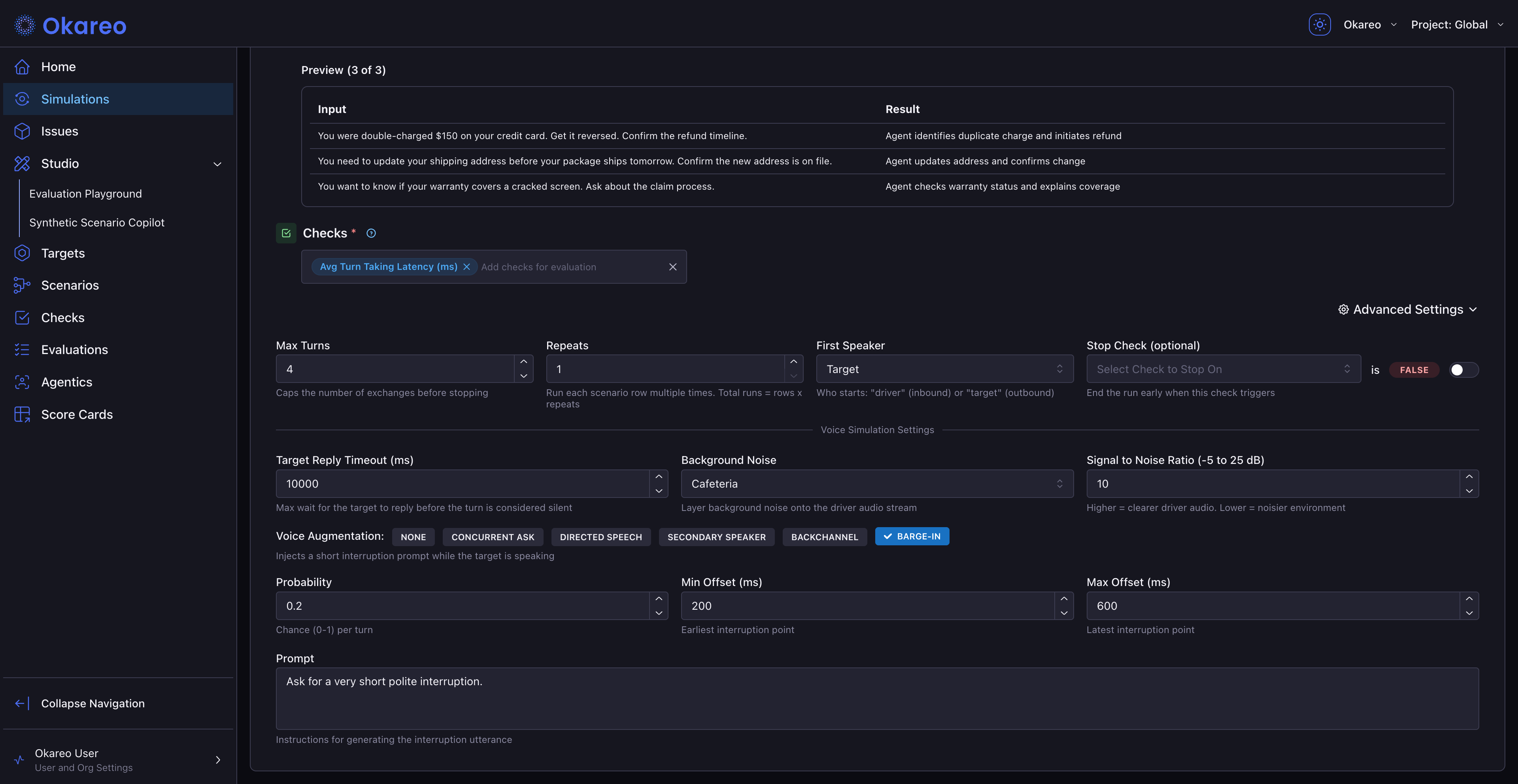 Voice Simulation Settings with a Background Noise profile, SNR field, and the Barge-In augmentation chip selected