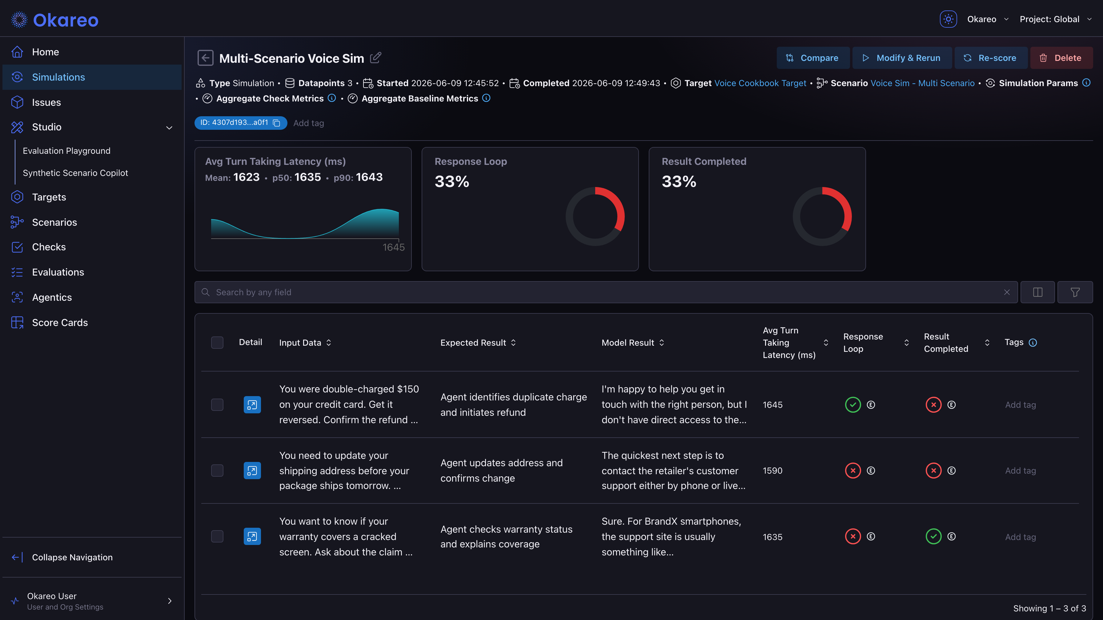 Score summary cards on the run detail page: latency card with mean, p50, and p90 plus pass-rate rings for boolean checks