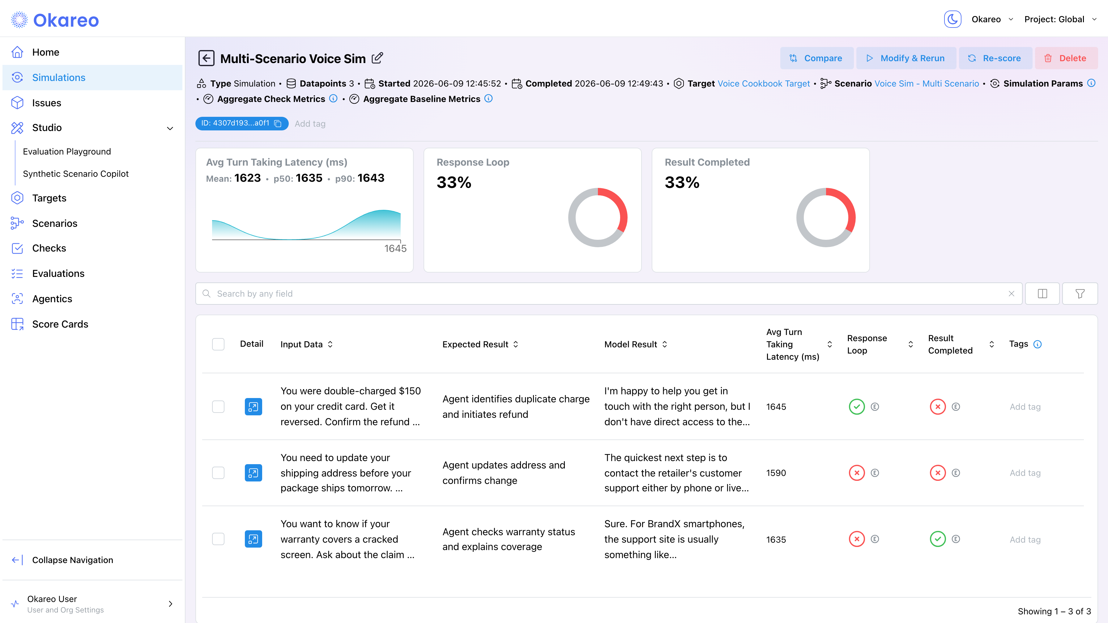 Score summary cards on the run detail page: latency card with mean, p50, and p90 plus pass-rate rings for boolean checks