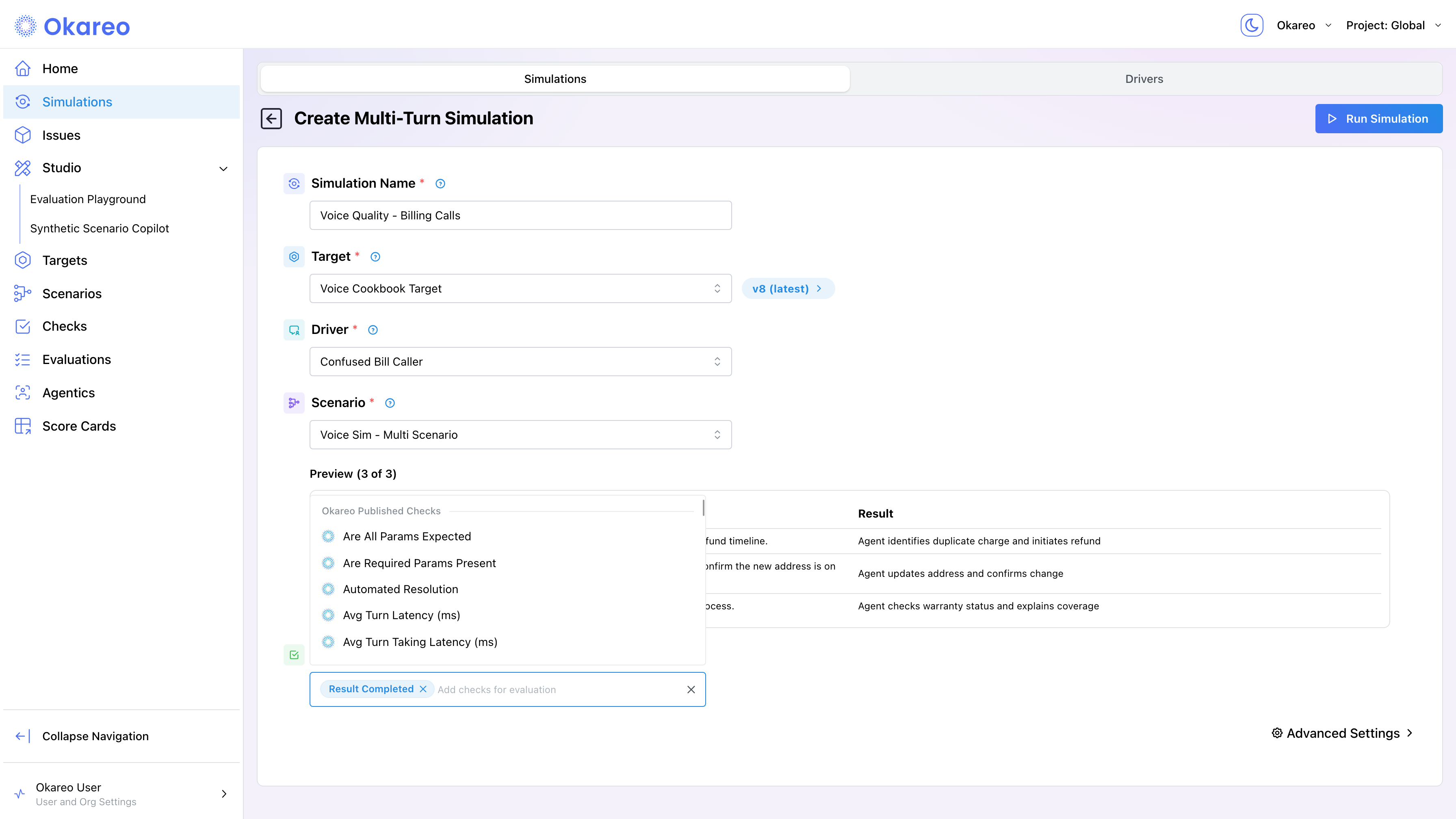 Checks selector in the simulation form showing Okareo published checks