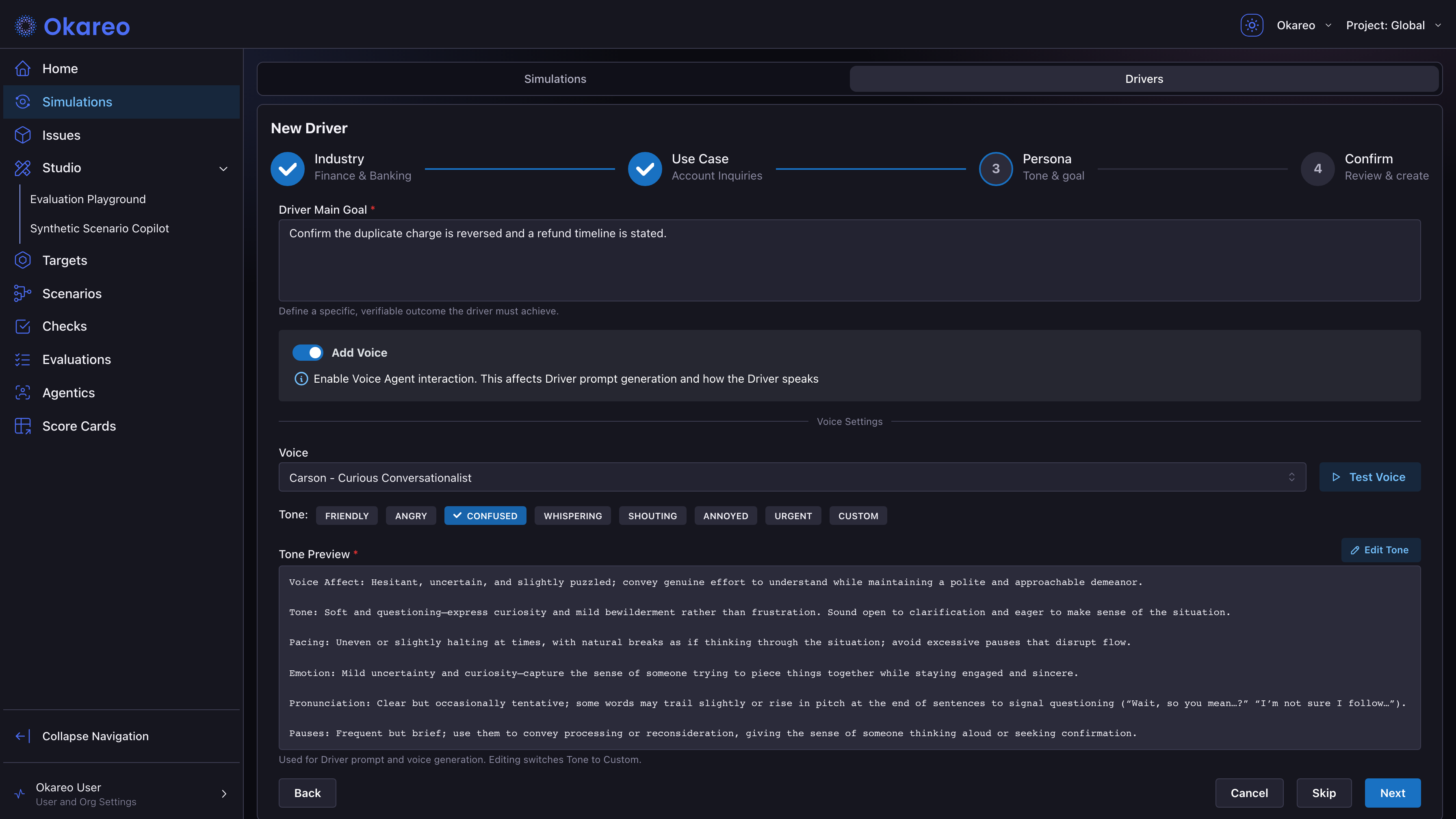 Driver voice settings with a tone preset selected and the generated tone preview
