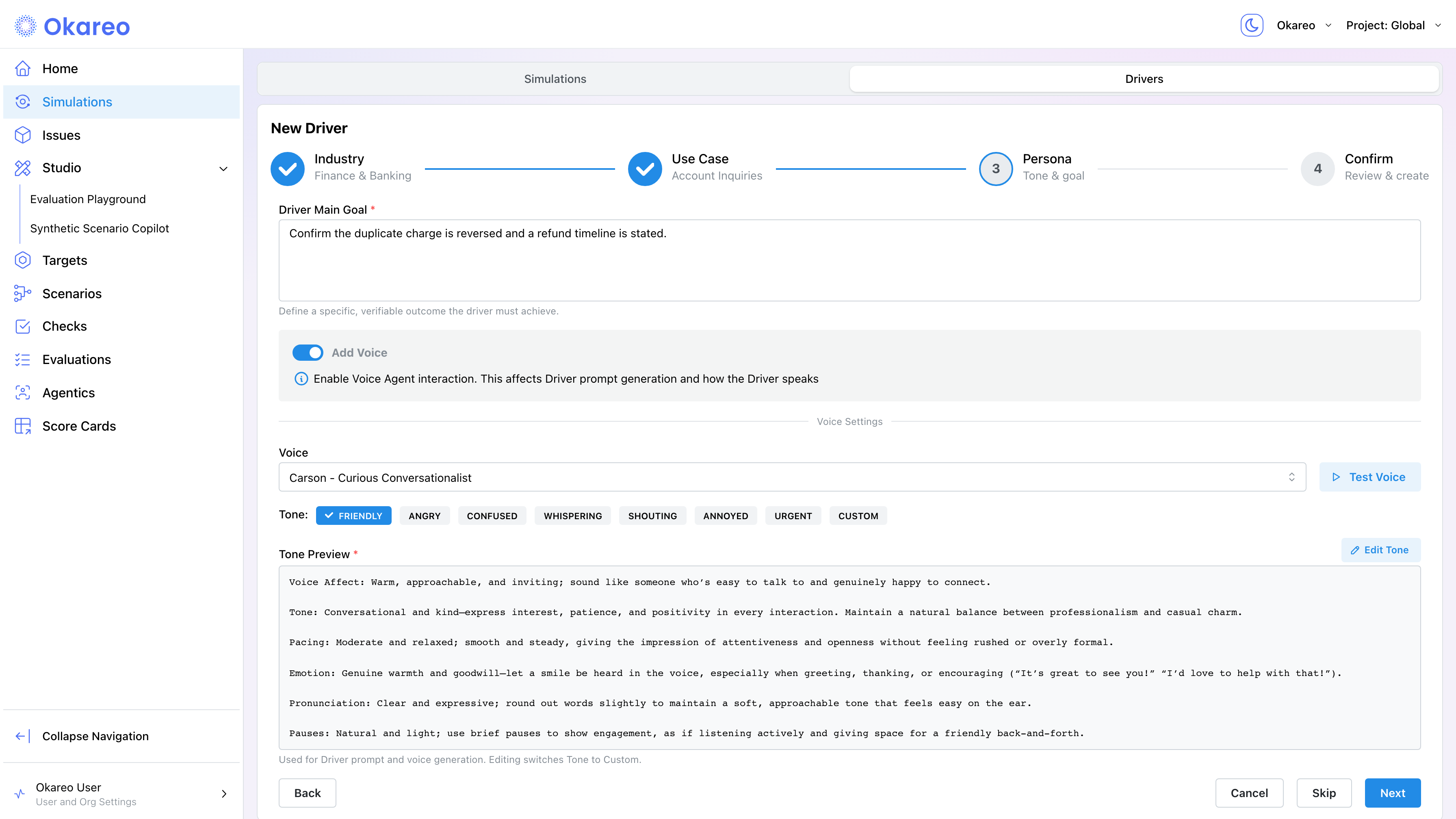 Driver creation wizard persona step with voice enabled, voice selector, and tone presets