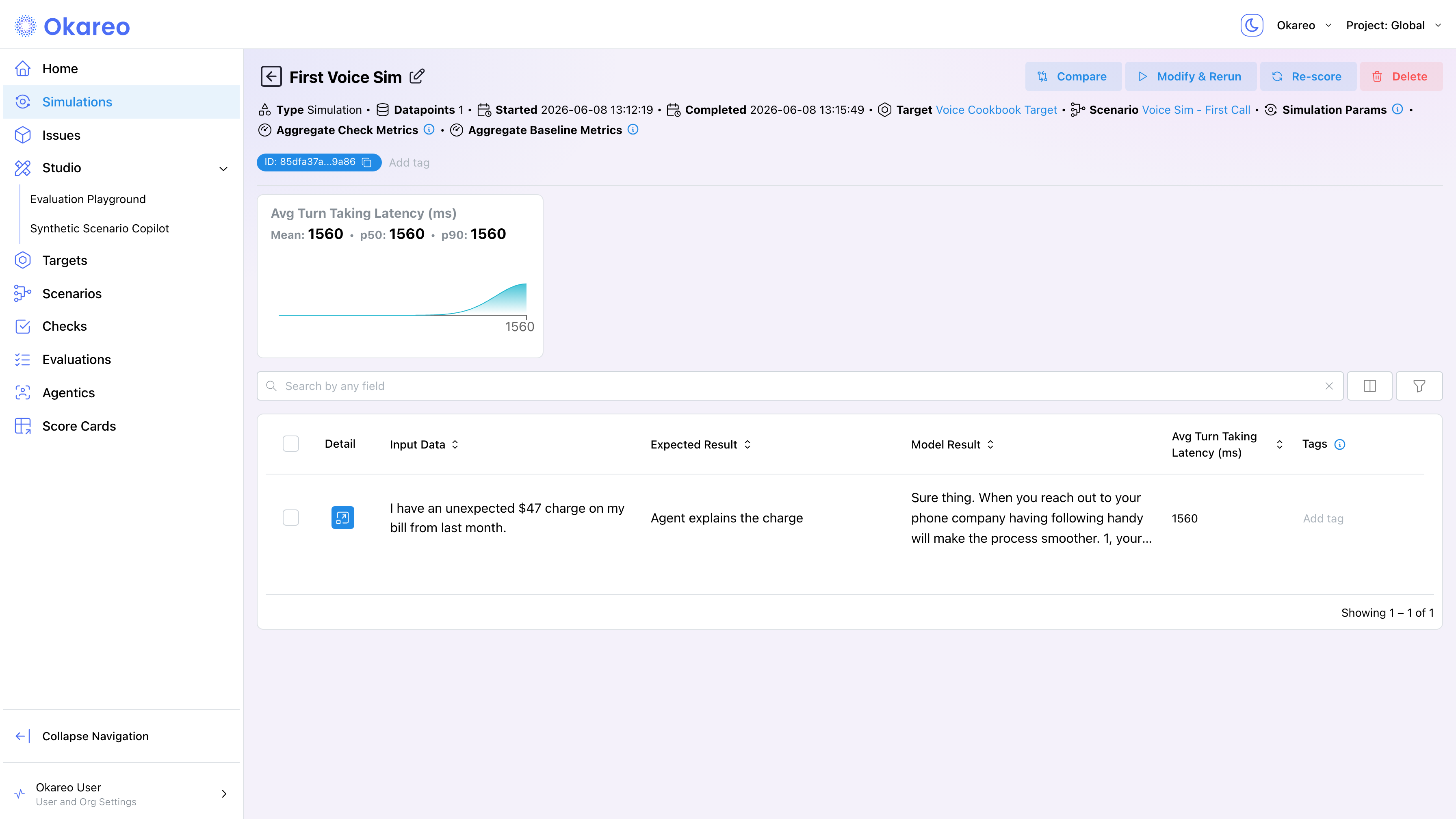 Run detail page showing check score cards and the per-conversation results table