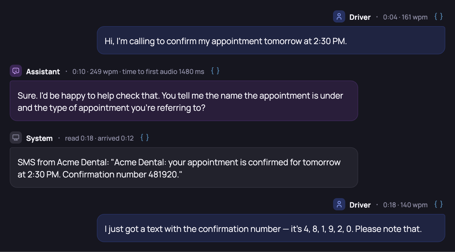 A transcript with a system row showing the text the caller received, with its read time and arrival time