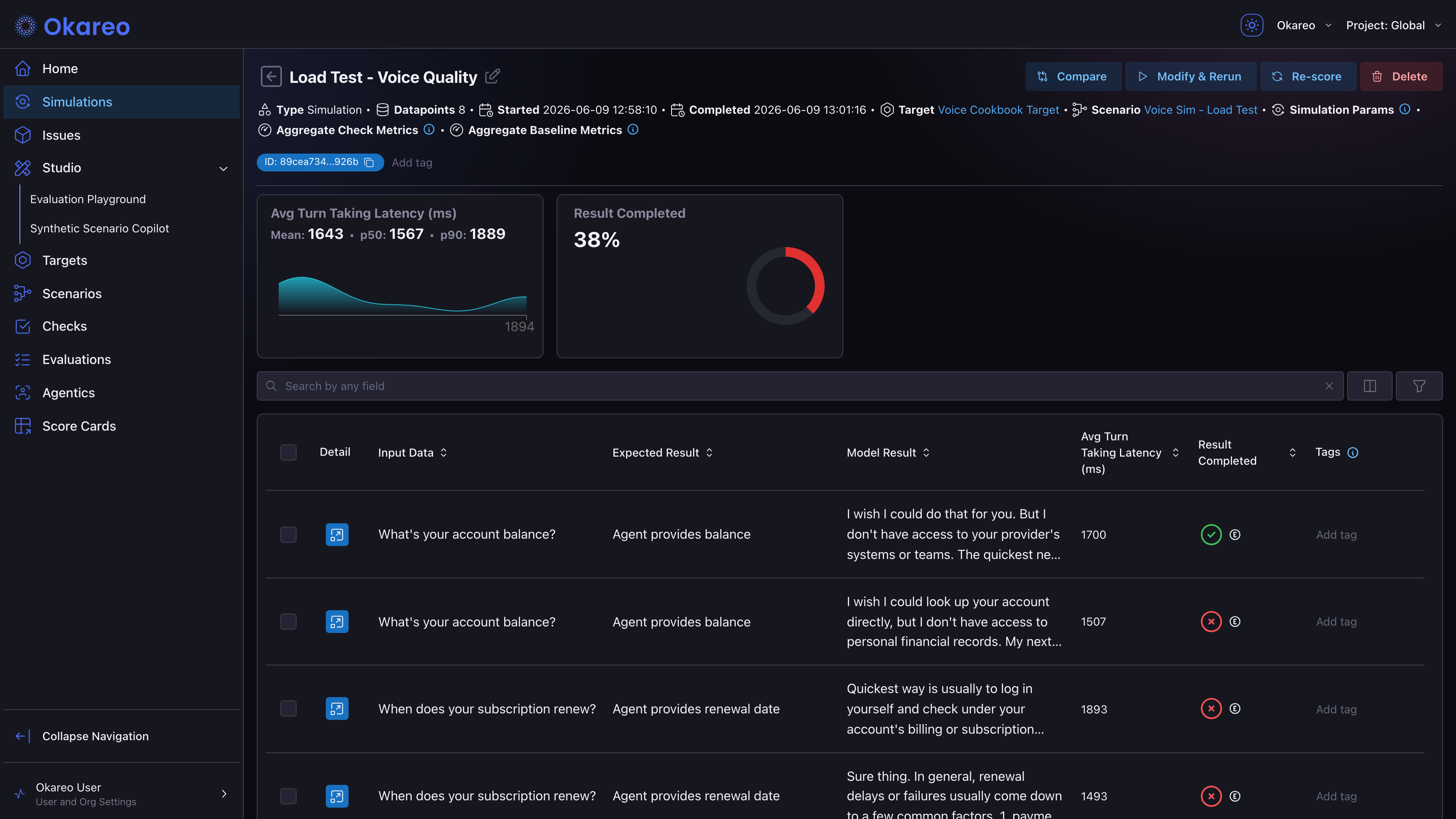 Load test run summary with latency percentiles, pass rate, and the per-conversation table