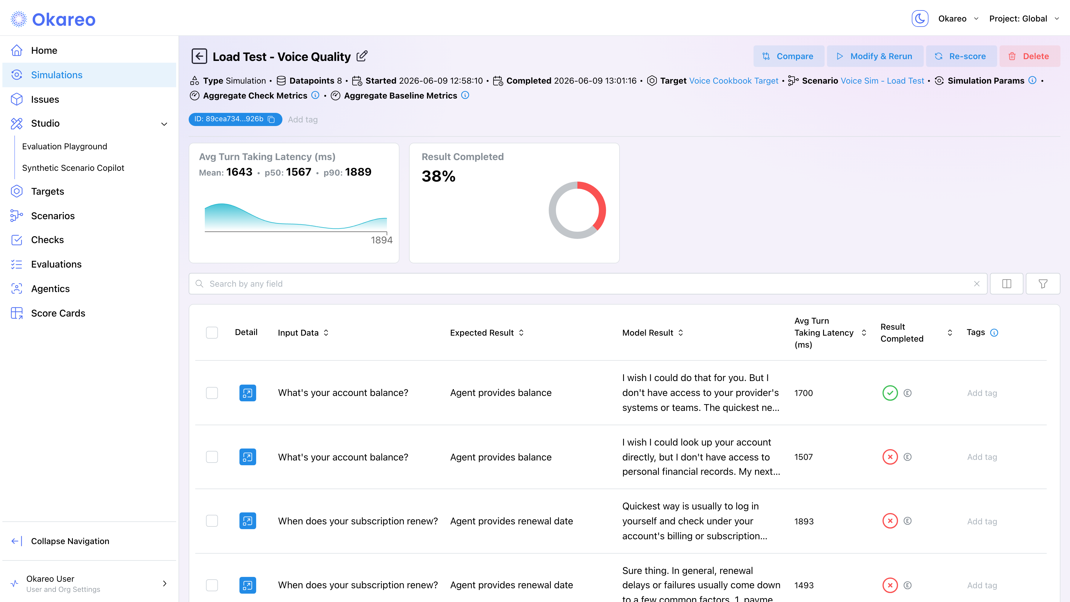 Load test run summary with latency percentiles, pass rate, and the per-conversation table