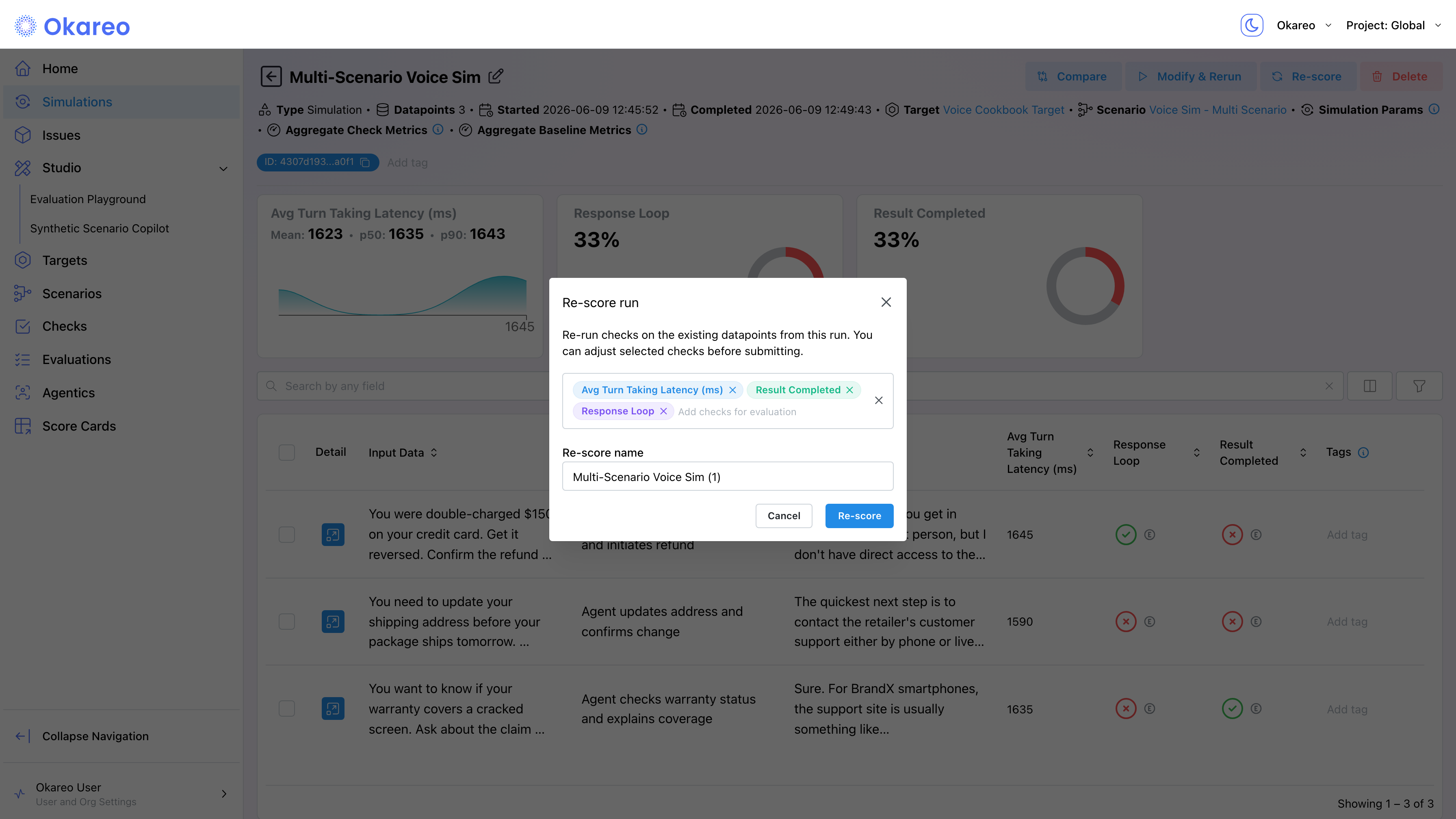 Re-score run modal with check selector and run name field