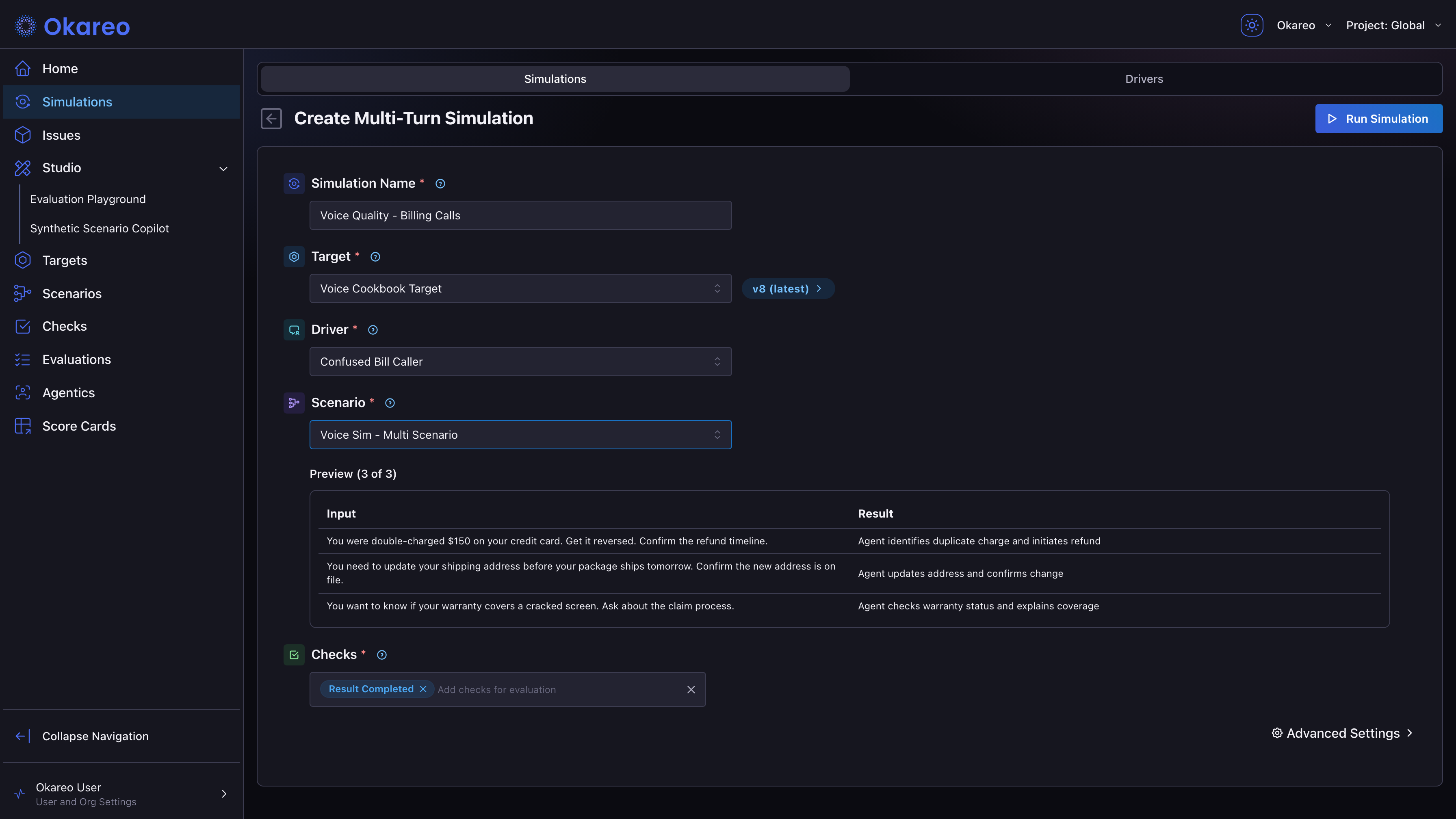 Simulation form with voice target, driver, scenario, and checks selected