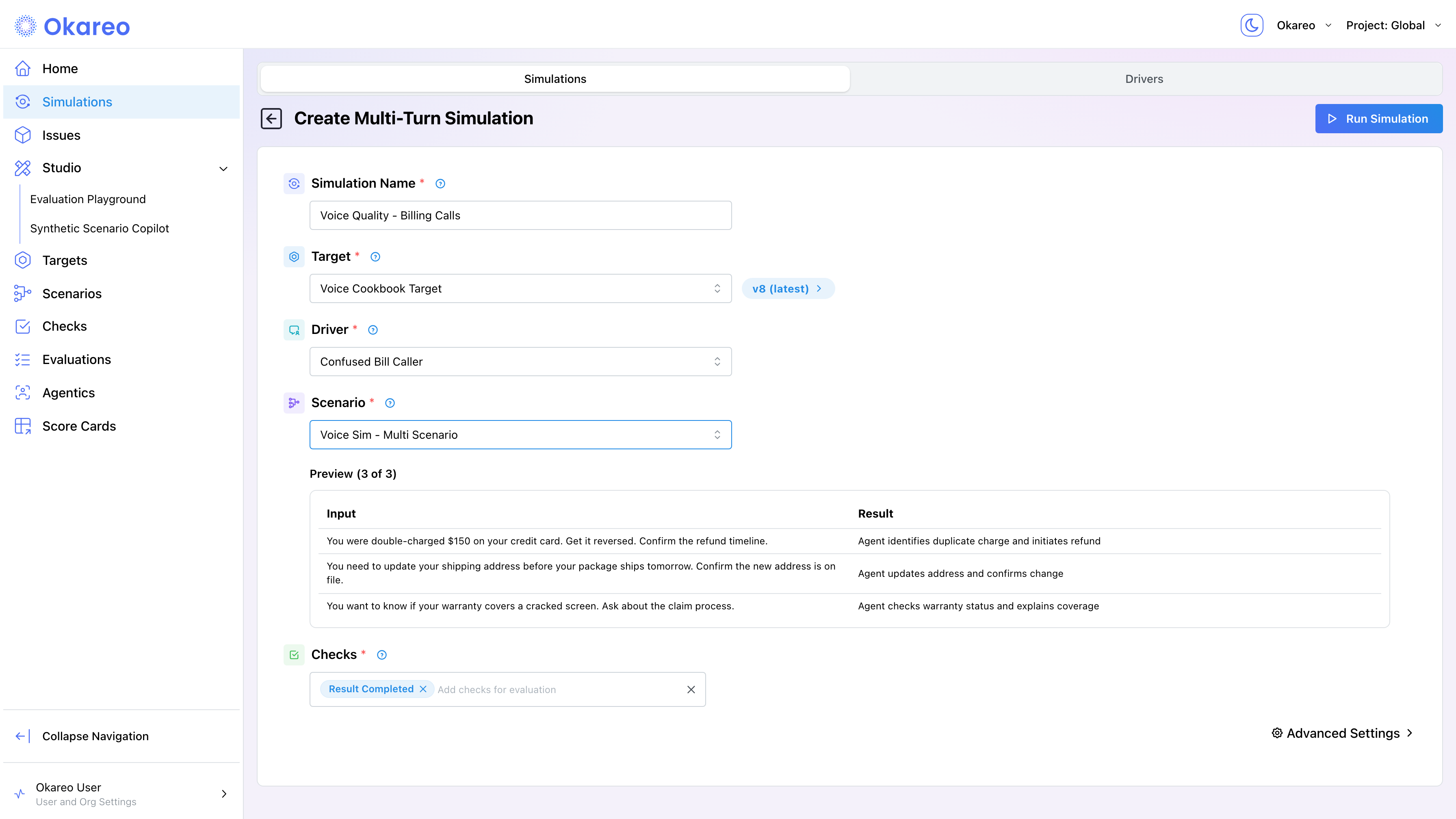Simulation form with voice target, driver, scenario, and checks selected